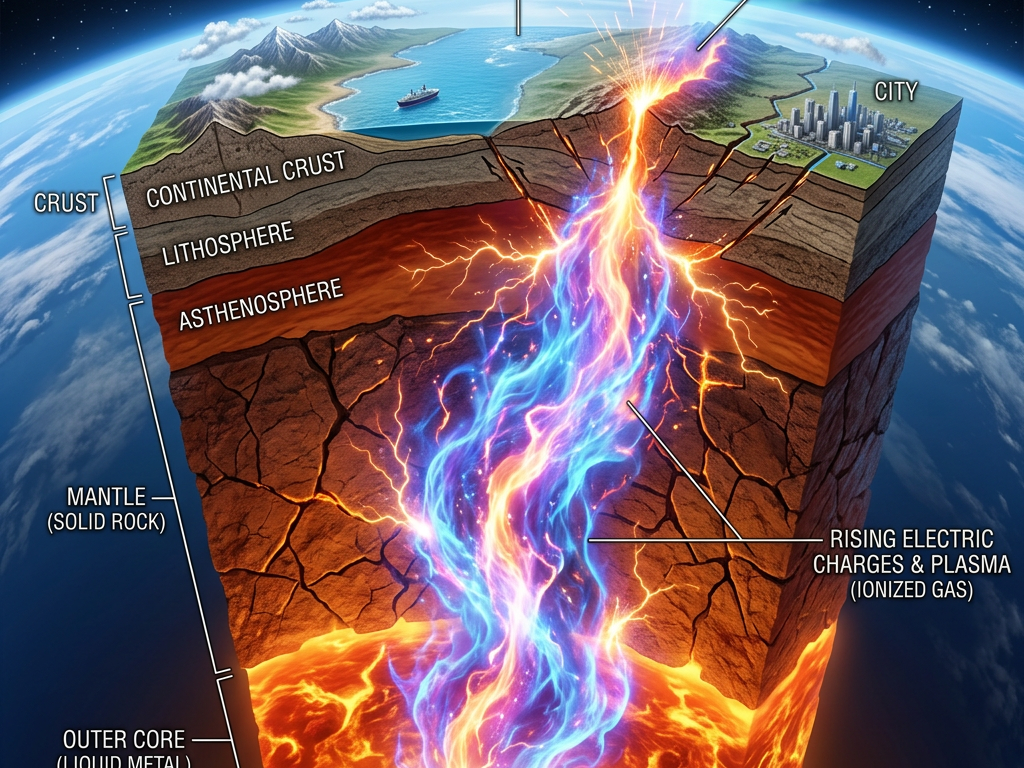 Cross-section of Earth showing crust, mantle, core, and electric plasma flow