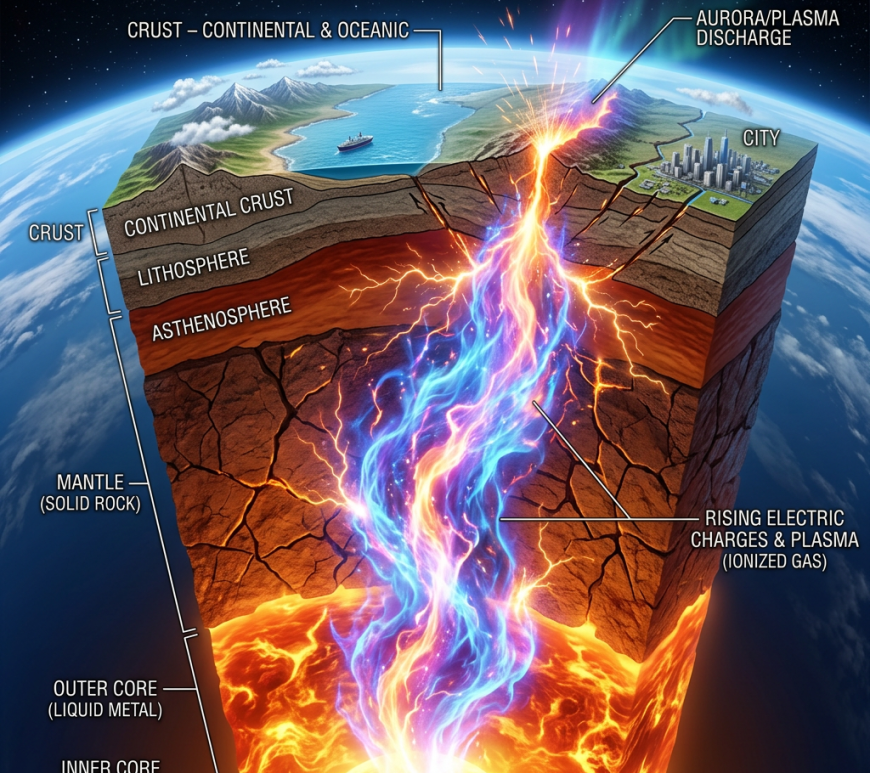 Cross-section of Earth showing crust, mantle, core, and electric plasma flow