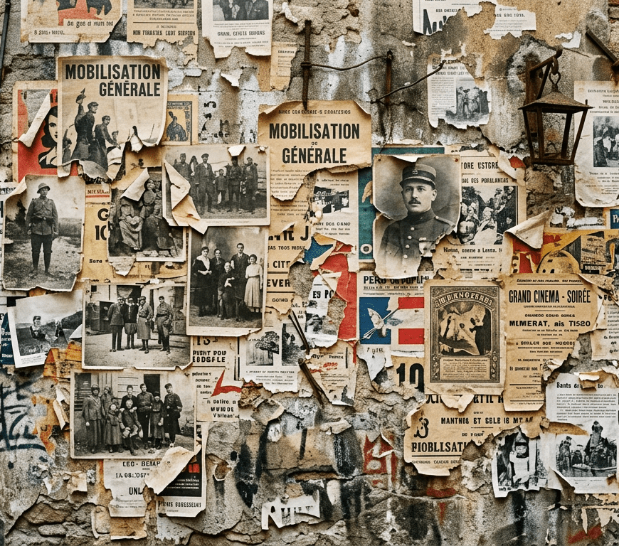Worn wall with torn wartime posters and vintage black-and-white photographs