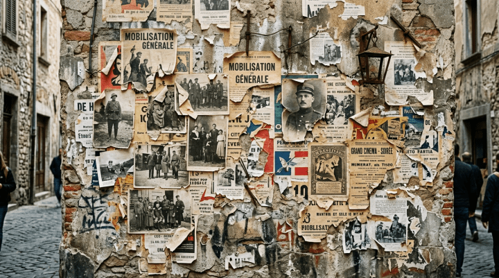 Worn wall with torn wartime posters and vintage black-and-white photographs