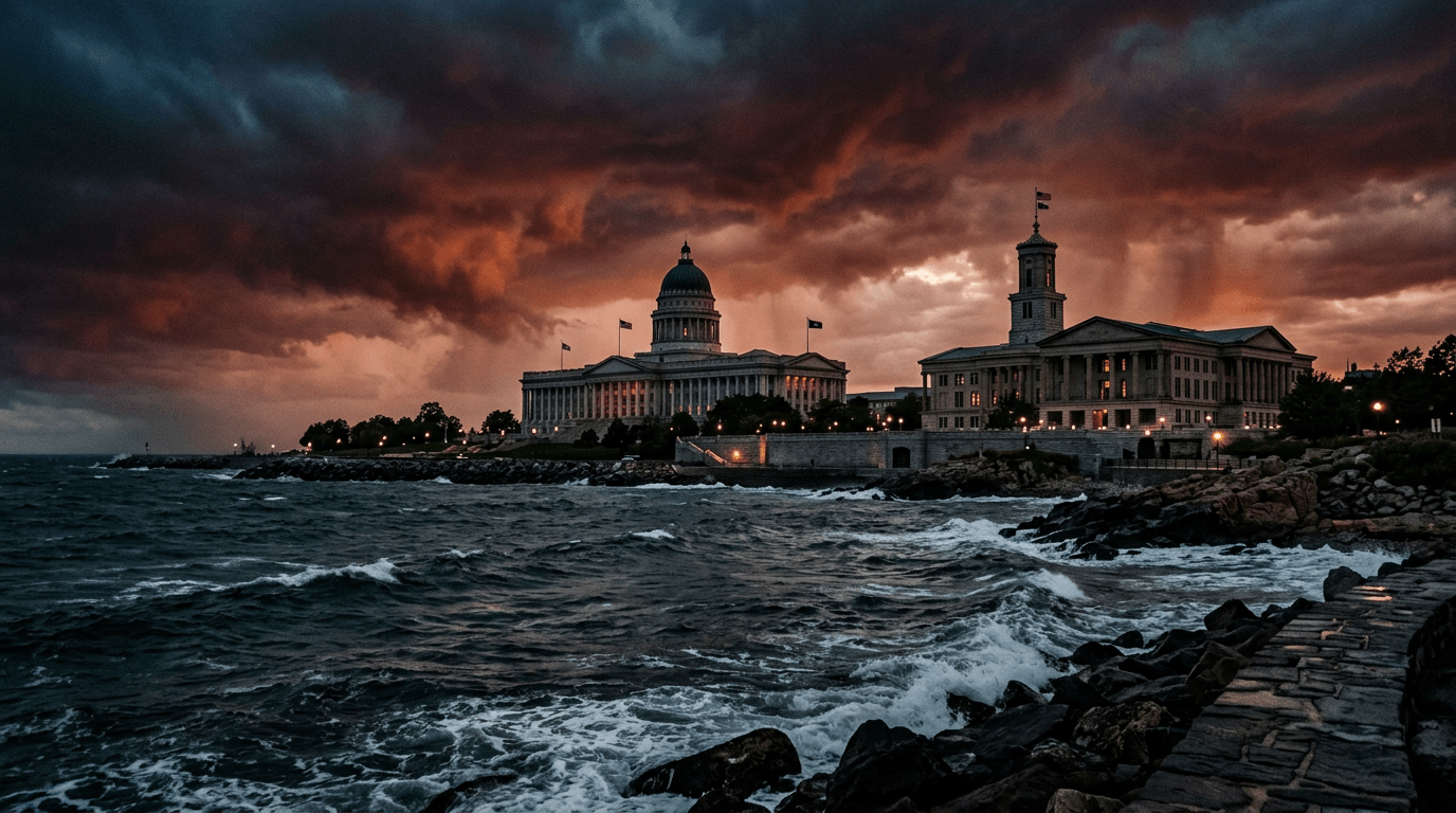 Capitol buildings by the sea under dramatic dark orange and blue storm clouds