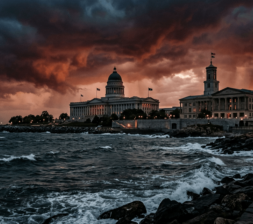 Capitol buildings by the sea under dramatic dark orange and blue storm clouds