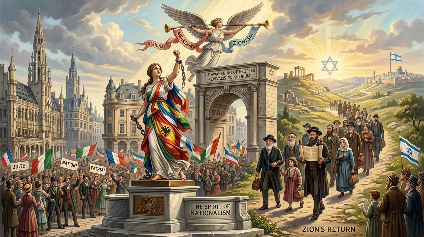 A monument labeled The Spirit of Nationalism with a woman wrapped in flags, an angel with trumpets above, and crowds of people holding flags and marching toward Zion with Israeli flags