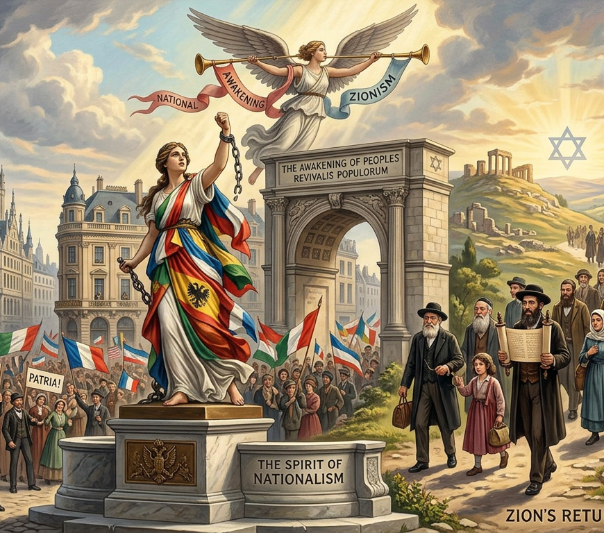 A monument labeled The Spirit of Nationalism with a woman wrapped in flags, an angel with trumpets above, and crowds of people holding flags and marching toward Zion with Israeli flags
