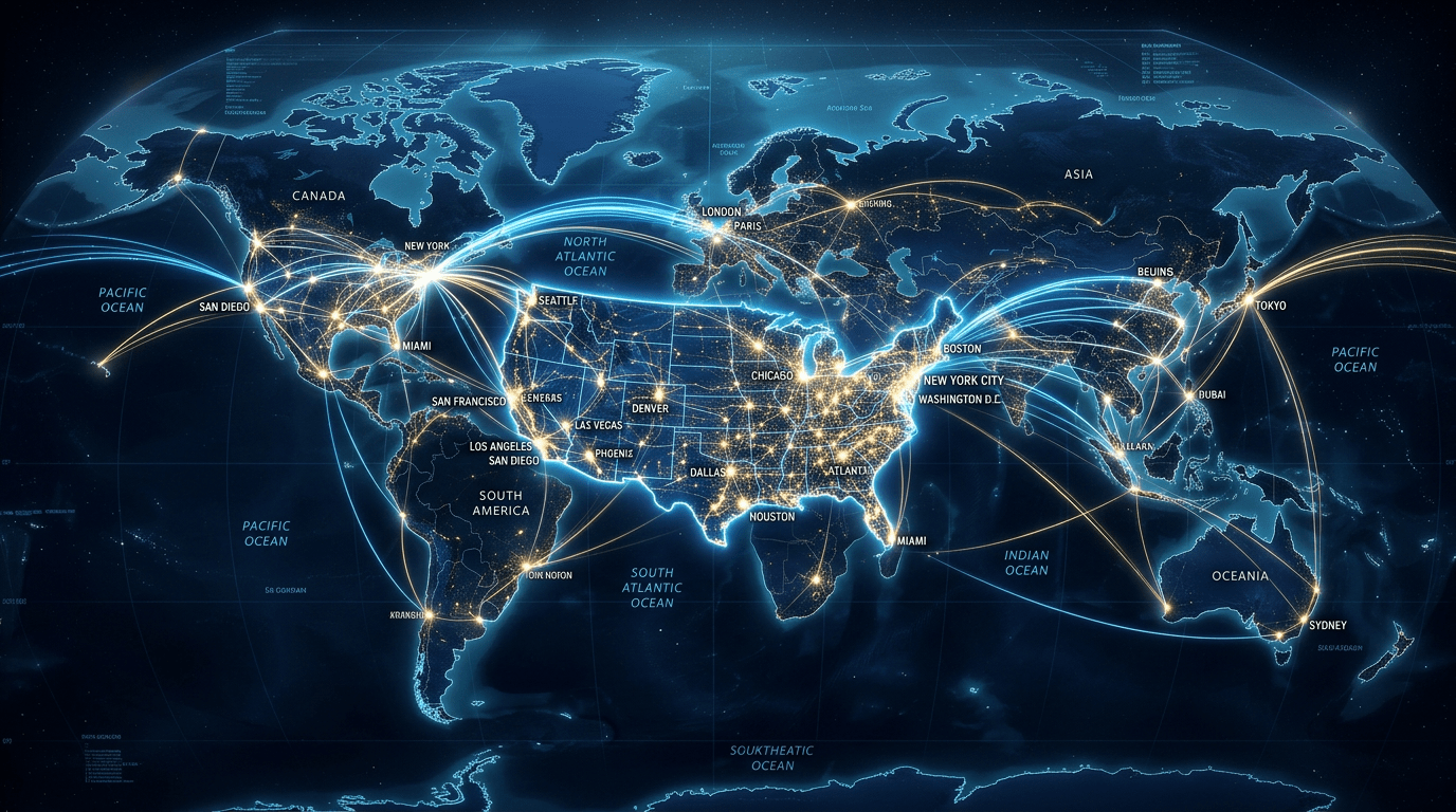 World map showing illuminated global network connections between major cities