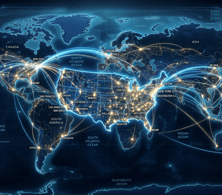 World map showing illuminated global network connections between major cities