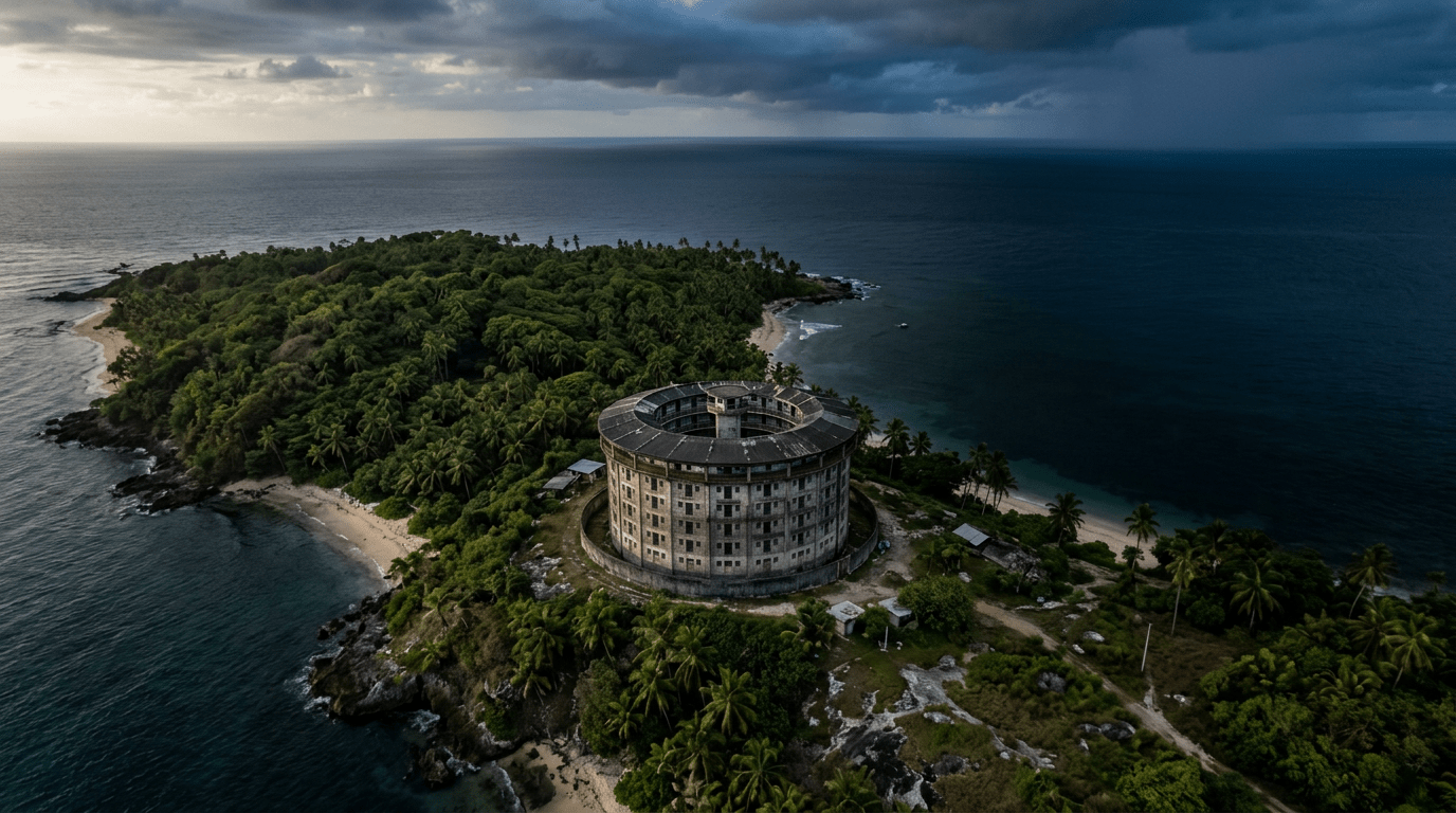 Round concrete fort structure on a tropical island with dense trees and surrounding ocean
