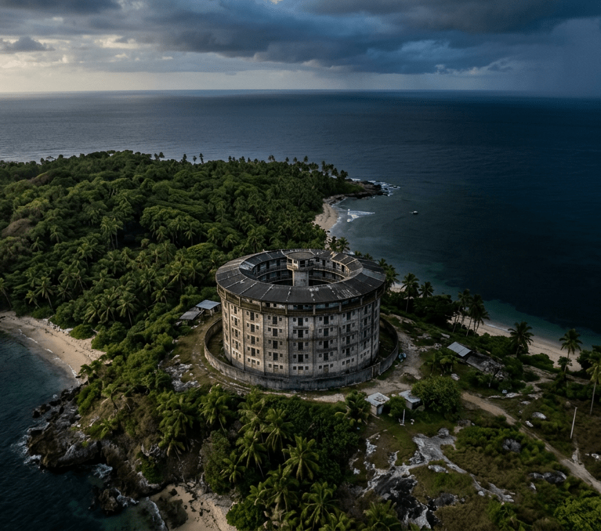 Round concrete fort structure on a tropical island with dense trees and surrounding ocean