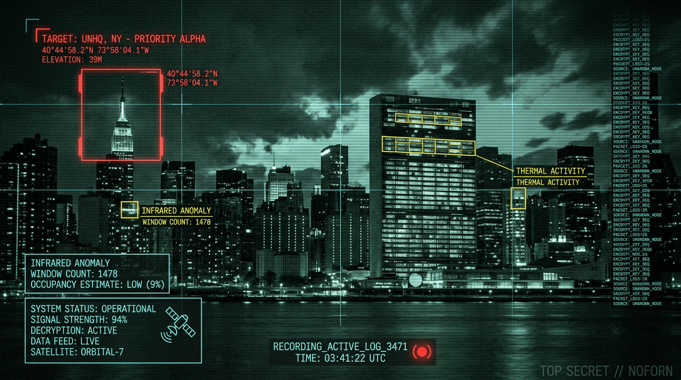 Satellite view of New York City skyline focused on UN headquarters with thermal and infrared data overlays