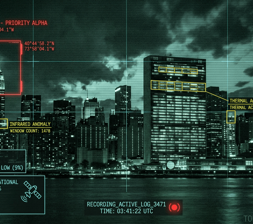 Satellite view of New York City skyline focused on UN headquarters with thermal and infrared data overlays