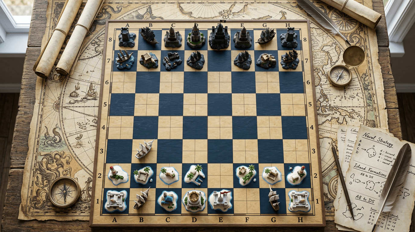 Chessboard with naval-themed chess pieces arranged for play on a vintage-style map with navigational tools and strategy notes.