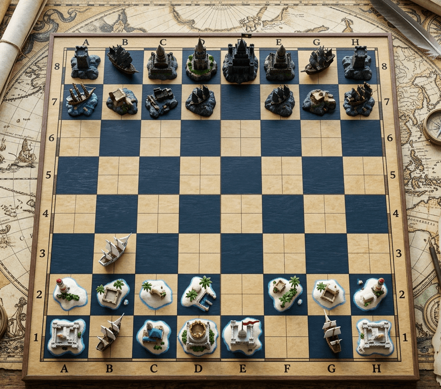 Chessboard with naval-themed chess pieces arranged for play on a vintage-style map with navigational tools and strategy notes.