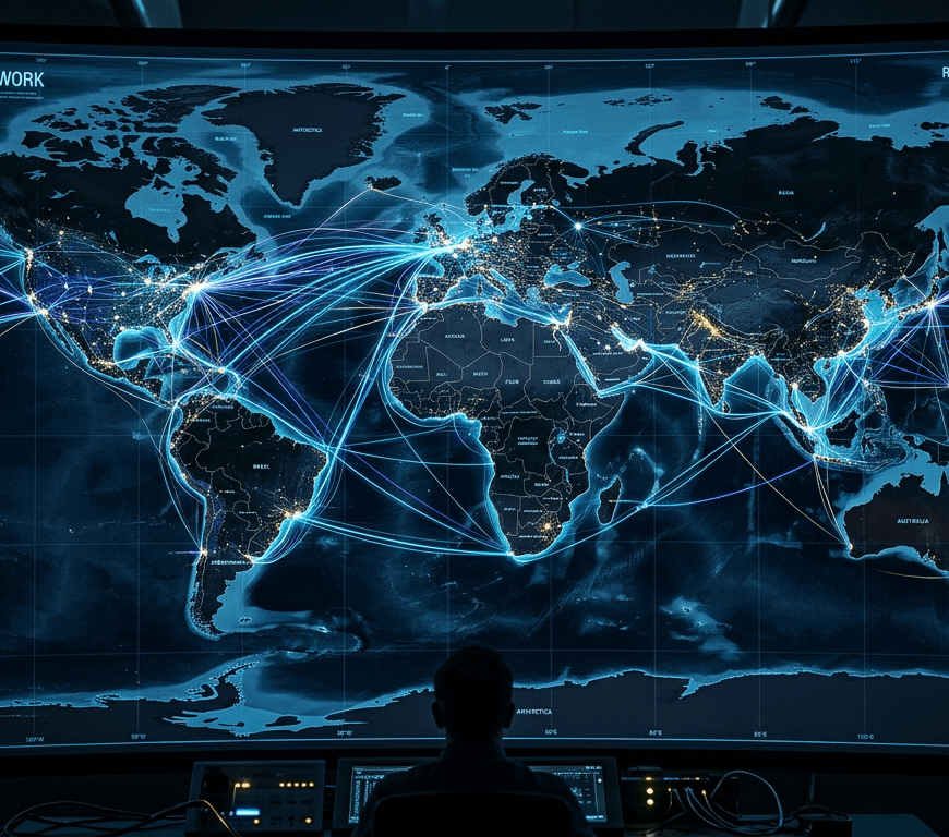 World map showing global data network connections with illuminated routes and nodes