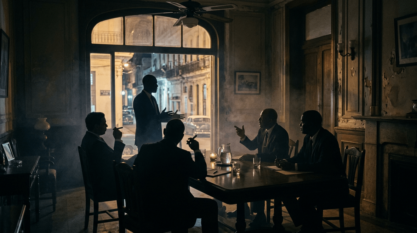 Five men in suits having a discussion around a table in a dimly lit room with vintage decor