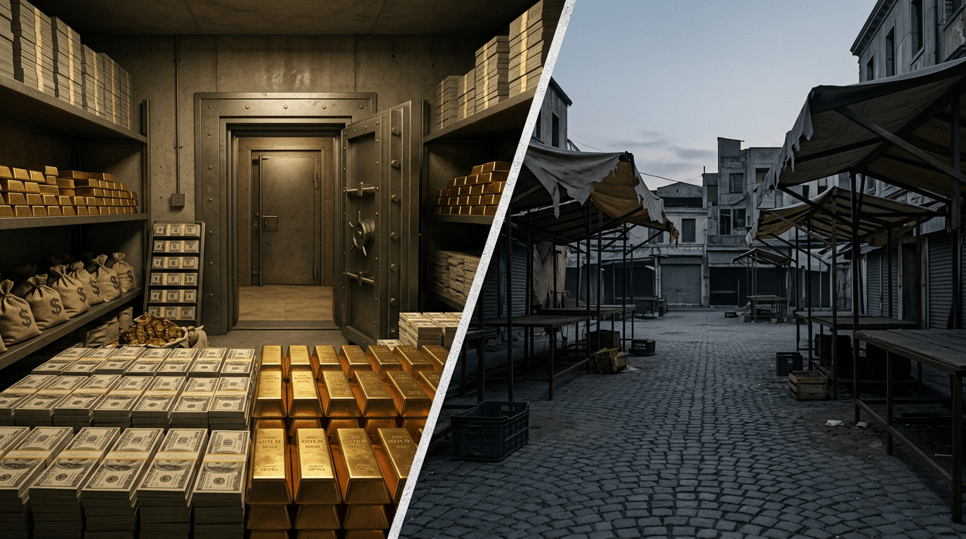 Open vault room stacked with cash, gold bars, and money bags beside an abandoned outdoor marketplace with empty stalls