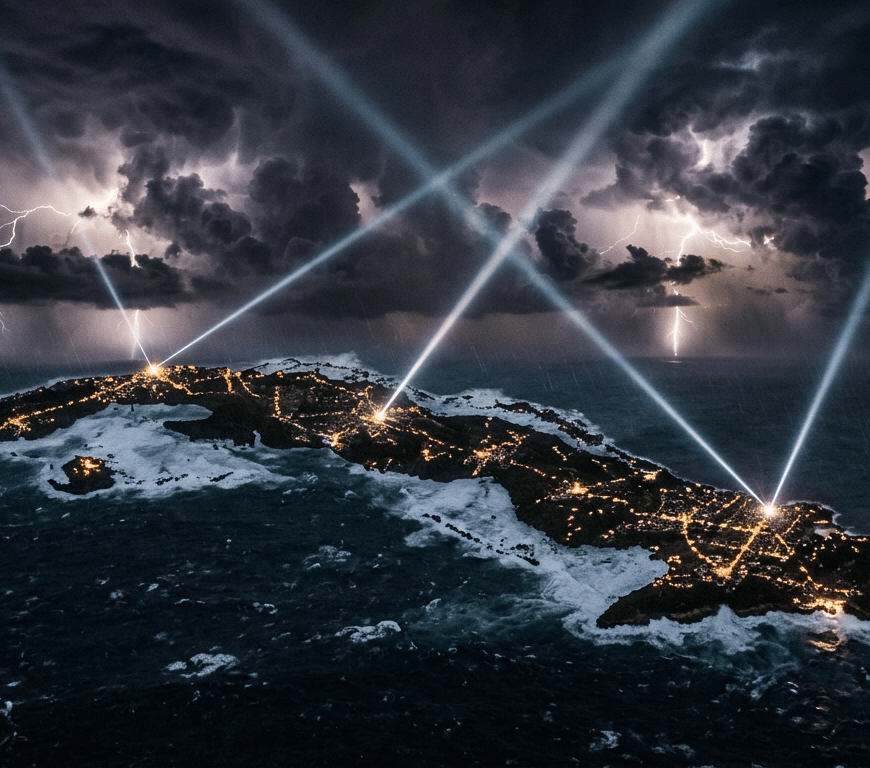 Island at night with city lights and spotlights amid lightning and dark storm clouds