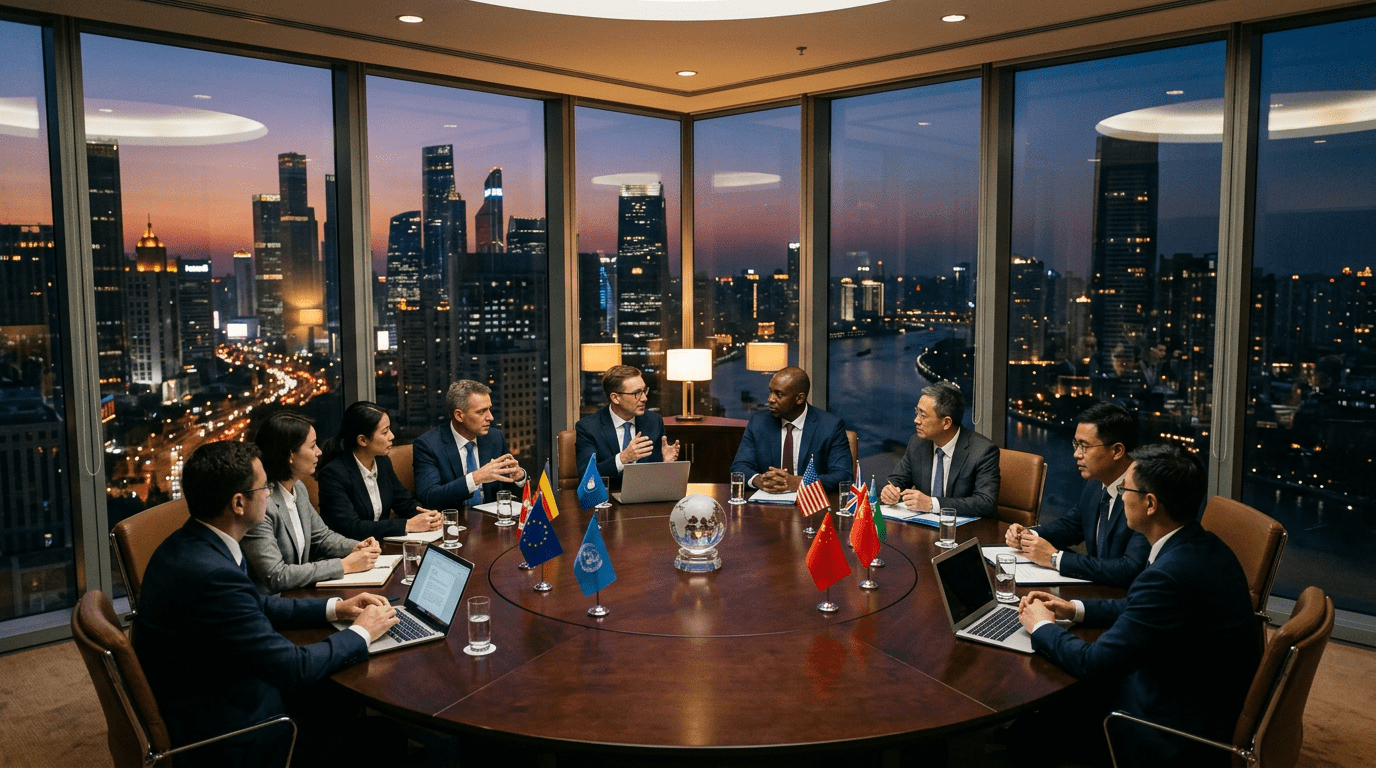 International business meeting with diverse leaders in formal attire around a round table with small flags representing various countries
