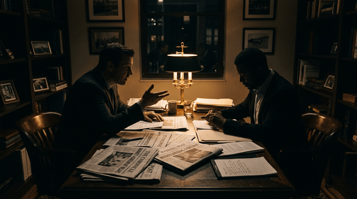 Two men talking over a desk covered with newspapers and documents under warm lamp light