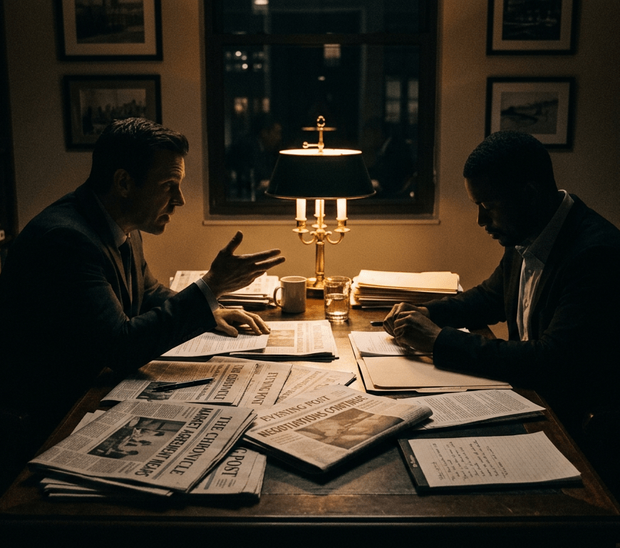 Two men talking over a desk covered with newspapers and documents under warm lamp light