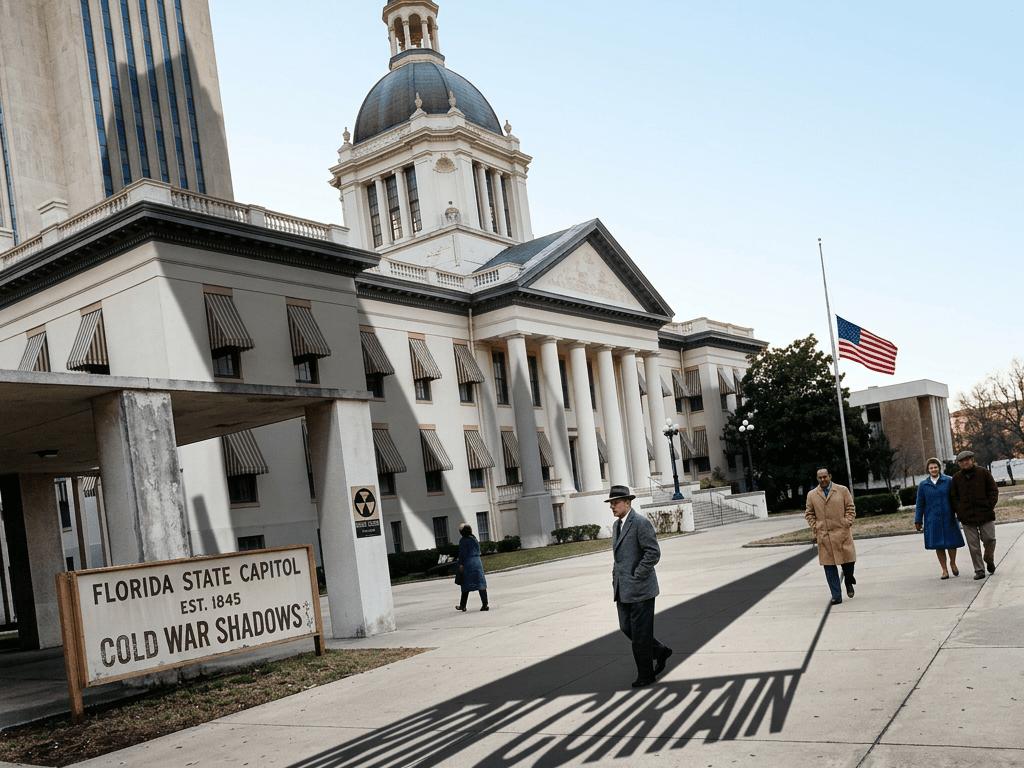 Florida State Capitol building with Cold War Shadows sign and people walking nearby