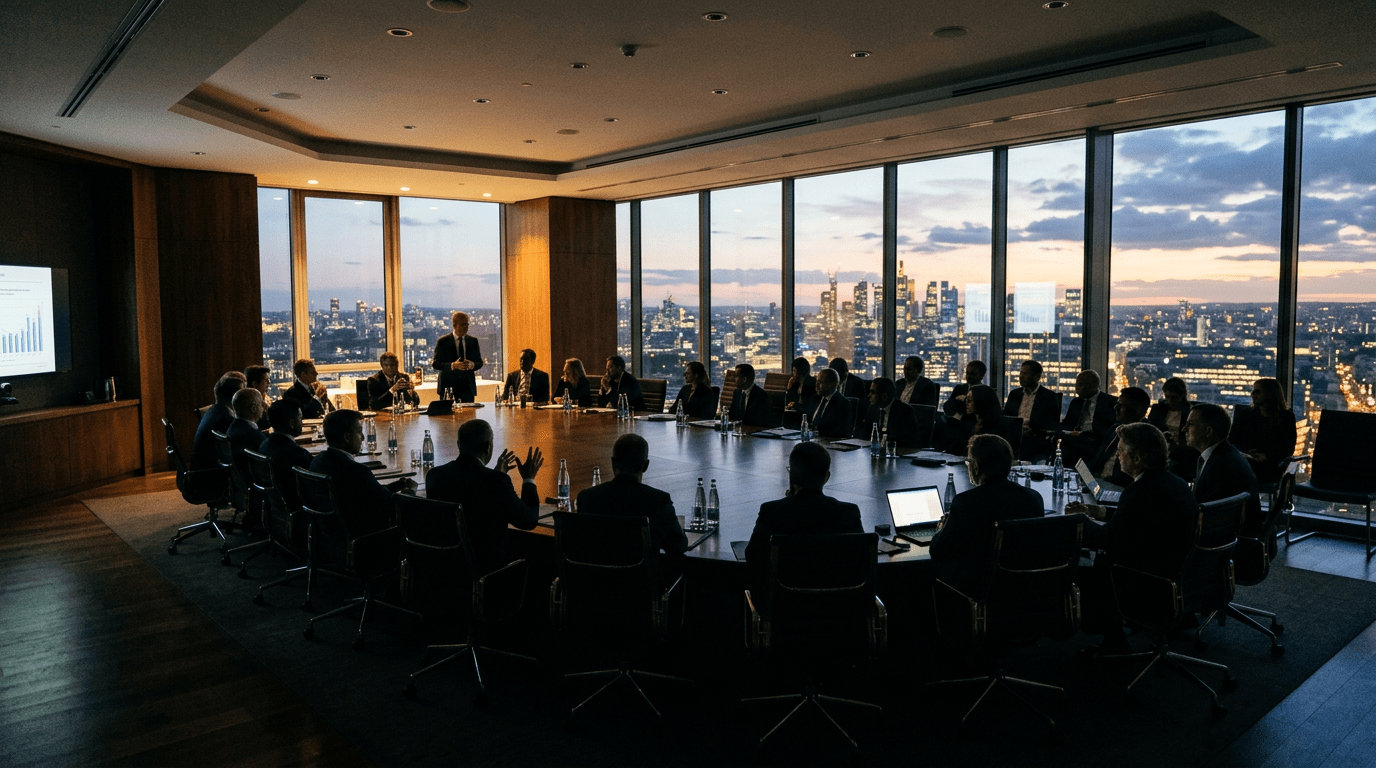 Boardroom meeting with several people seated around a large oval table, a presenter standing, and city skyline visible through large windows at dusk.