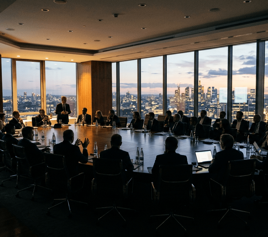Boardroom meeting with several people seated around a large oval table, a presenter standing, and city skyline visible through large windows at dusk.