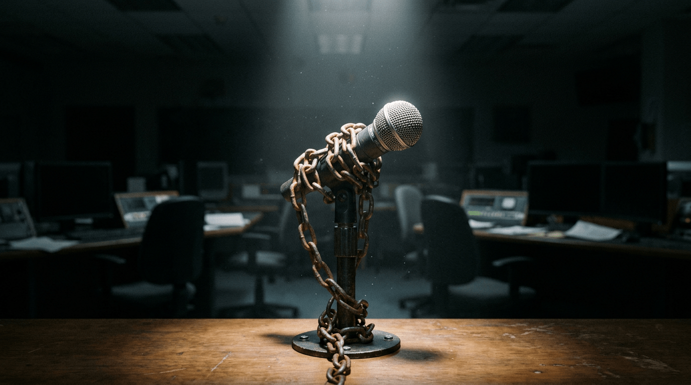 Microphone wrapped in rusty chains on a wooden table under spotlight