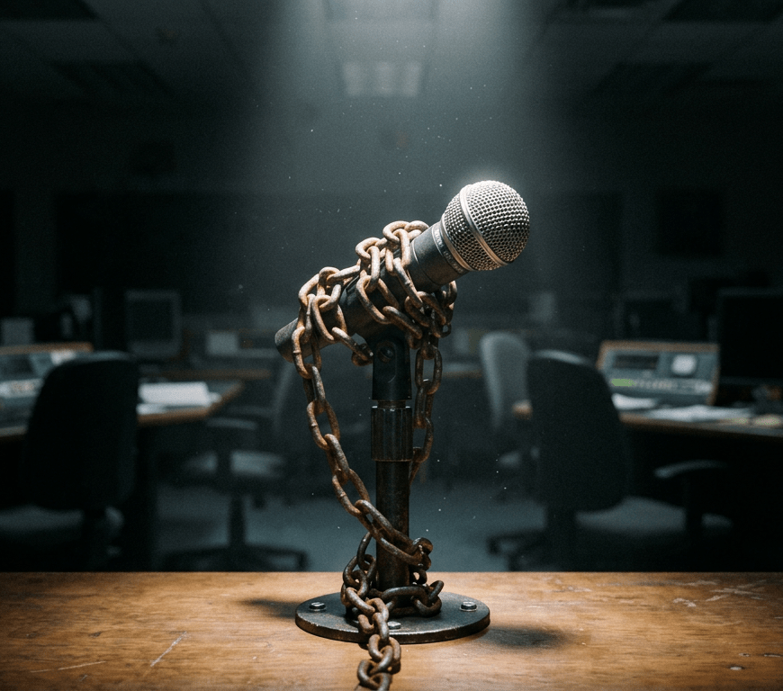 Microphone wrapped in rusty chains on a wooden table under spotlight