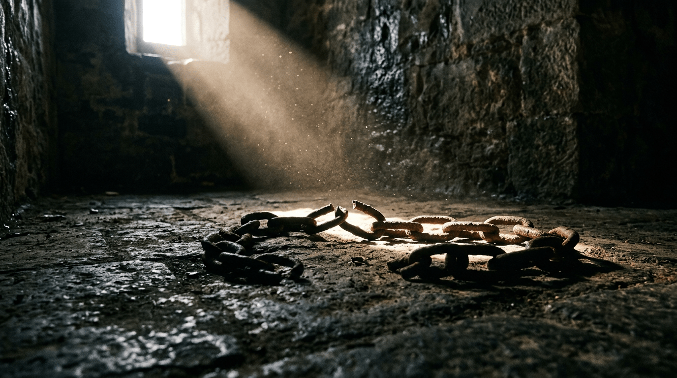Broken rusty chain on stone floor under sunlight beam from window