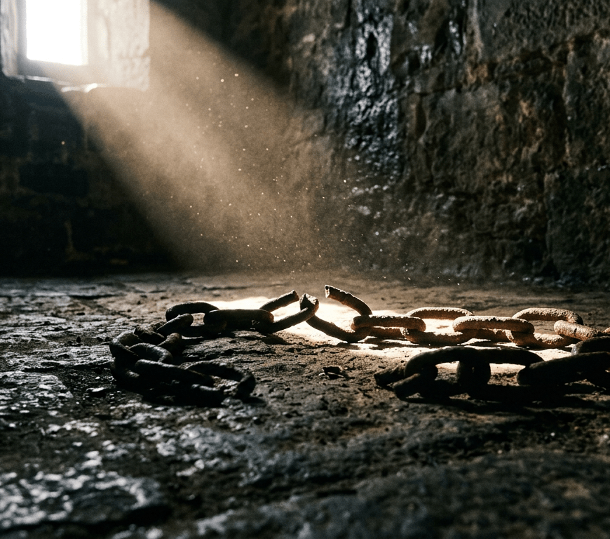 Broken rusty chain on stone floor under sunlight beam from window
