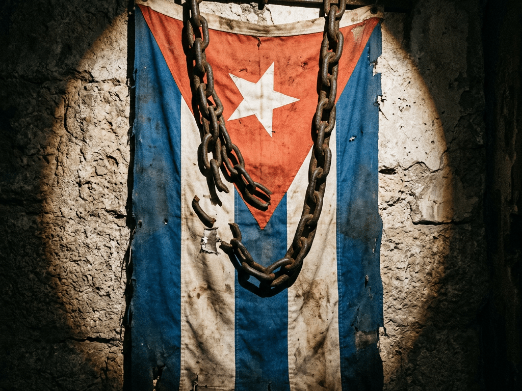Tattered Cuban flag with rusted chains hanging against rough wall