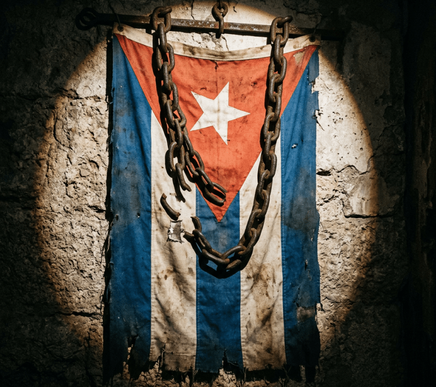 Tattered Cuban flag with rusted chains hanging against rough wall