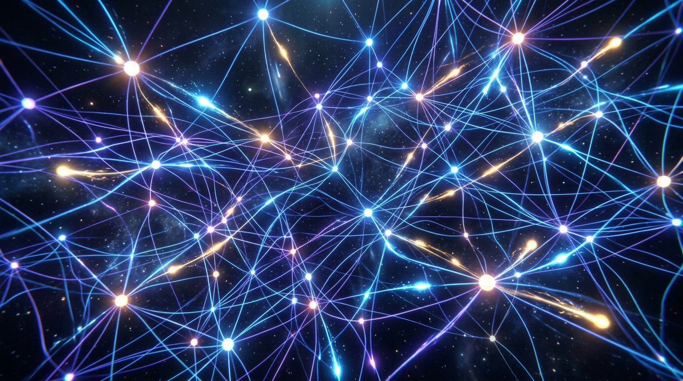 Abstract network of glowing nodes connected by blue and orange lines