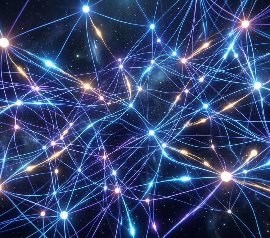 Abstract network of glowing nodes connected by blue and orange lines