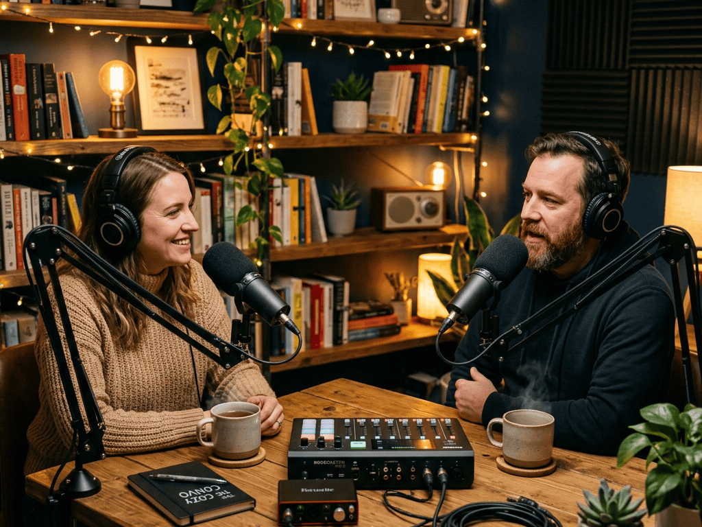 Two people recording a podcast with microphones and headphones at a wooden table