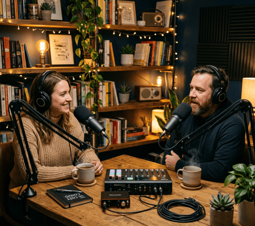 Two people recording a podcast with microphones and headphones at a wooden table