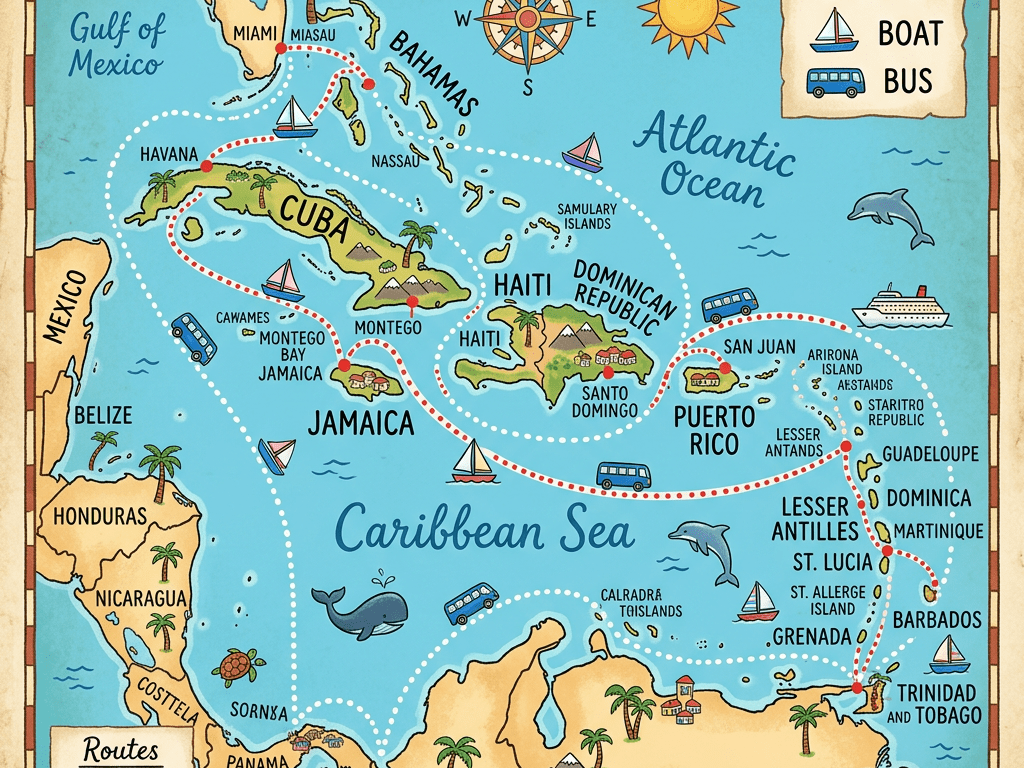 Map showing Caribbean islands and coastal areas with marked boat and bus travel routes.
