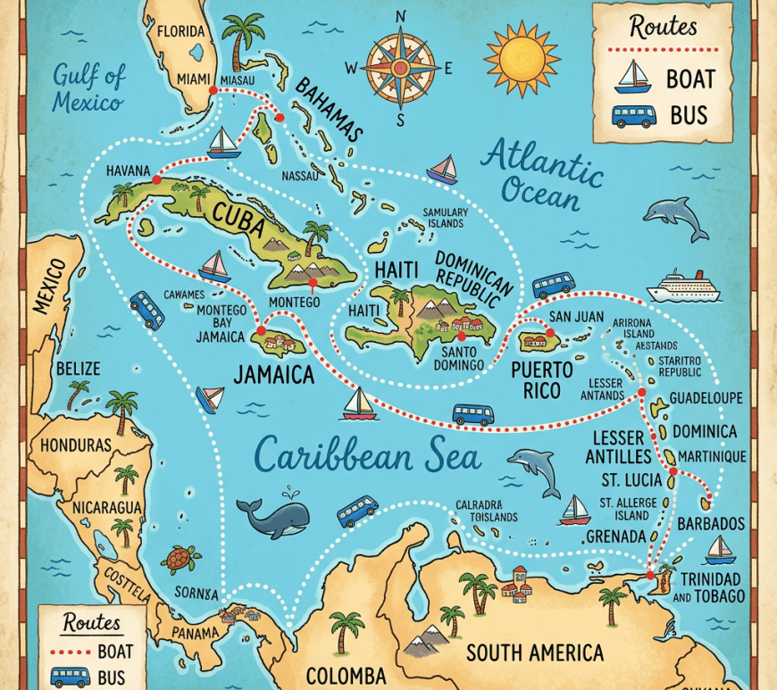 Map showing Caribbean islands and coastal areas with marked boat and bus travel routes.