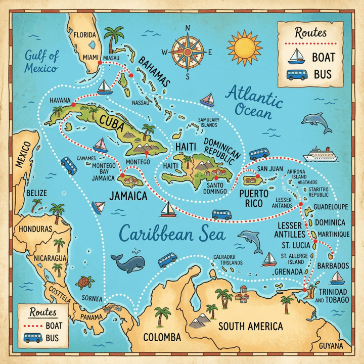 Map showing Caribbean islands and coastal areas with marked boat and bus travel routes.