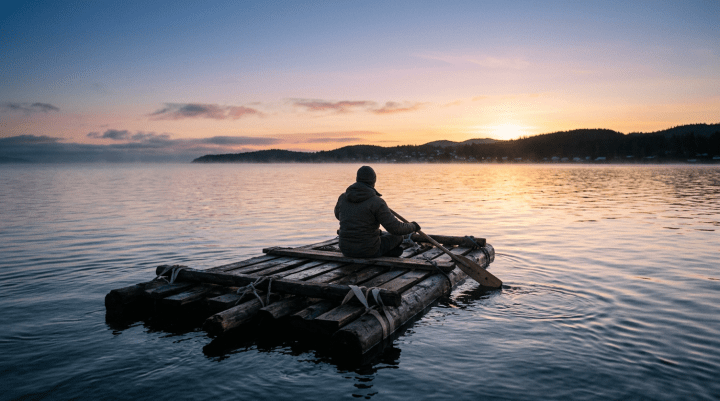 Person sitting on a wooden raft rowing across a lake during sunset