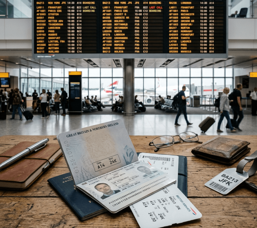 Passport, boarding pass, and travel documents on a wooden table at an airport departure lounge with departure board and passengers in background