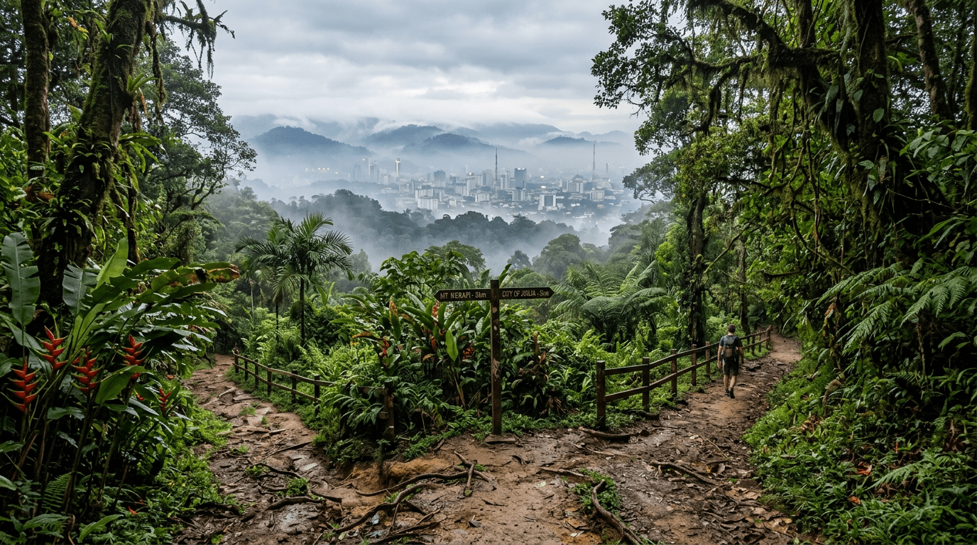 A person hiking on a forest path with dense green foliage and misty city skyline ahead