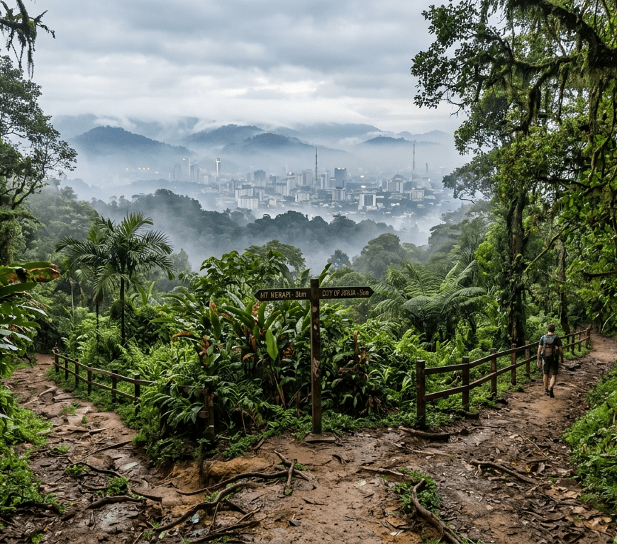 A person hiking on a forest path with dense green foliage and misty city skyline ahead