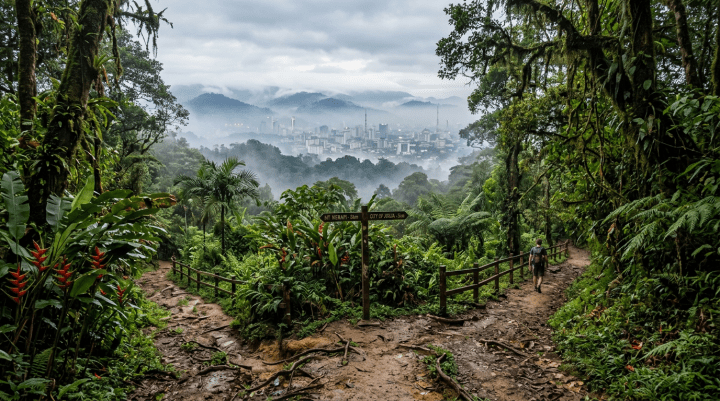 A person hiking on a forest path with dense green foliage and misty city skyline ahead