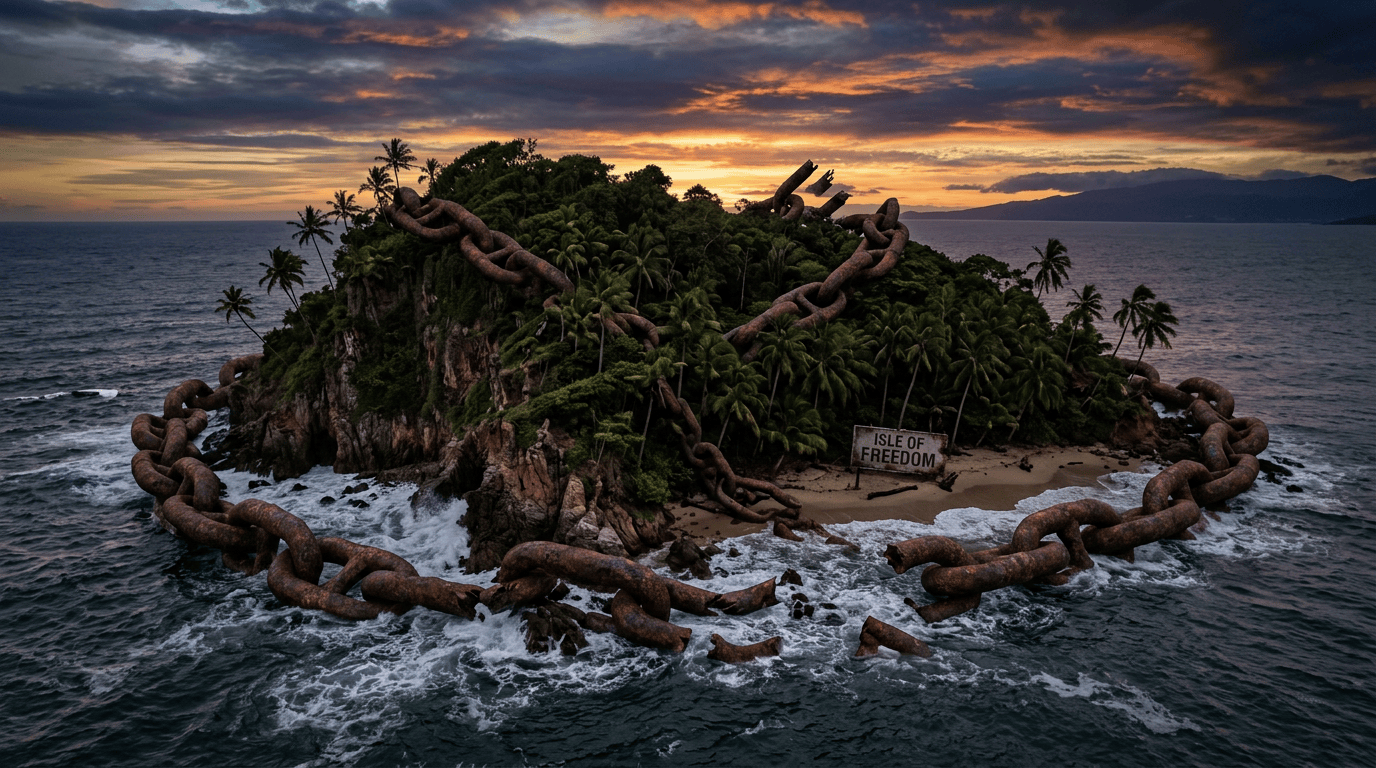 A small tropical island covered in palm trees and greenery, surrounded by large rusty chains, with a sign saying 'Isle of Freedom'