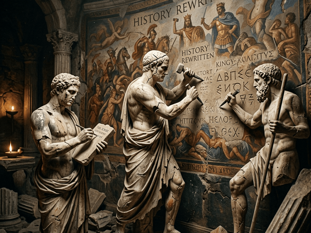 Three ancient statues chiseling text on a historic mural titled HISTORY REWRITTEN