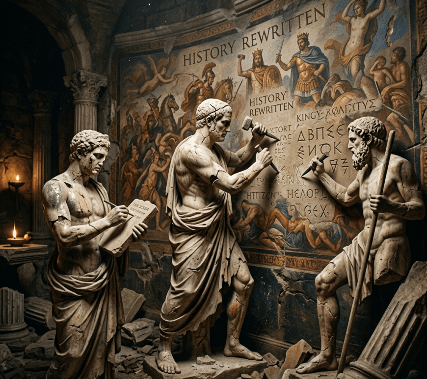 Three ancient statues chiseling text on a historic mural titled HISTORY REWRITTEN