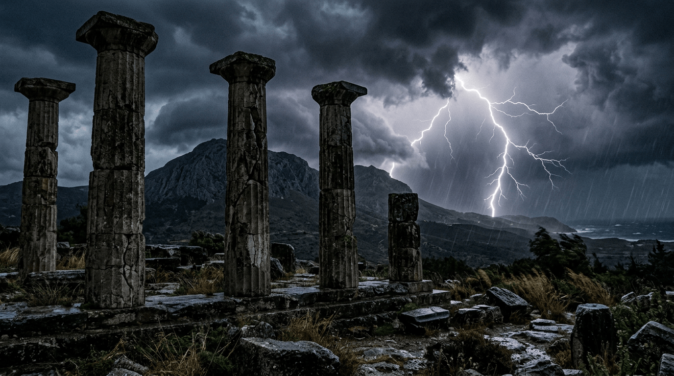 Ancient stone columns with lightning bolt in dark cloudy sky
