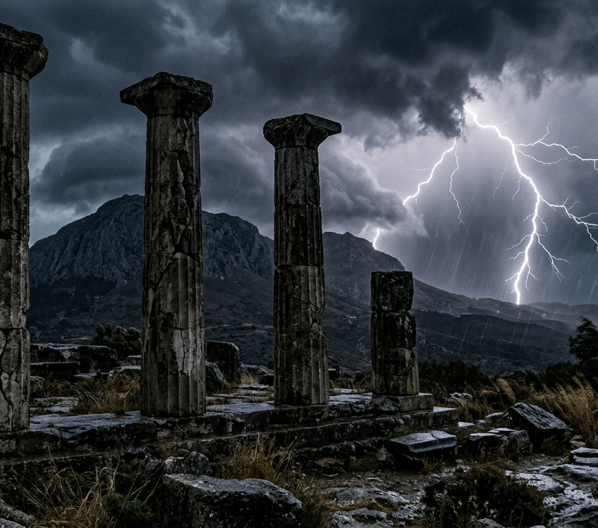 Ancient stone columns with lightning bolt in dark cloudy sky