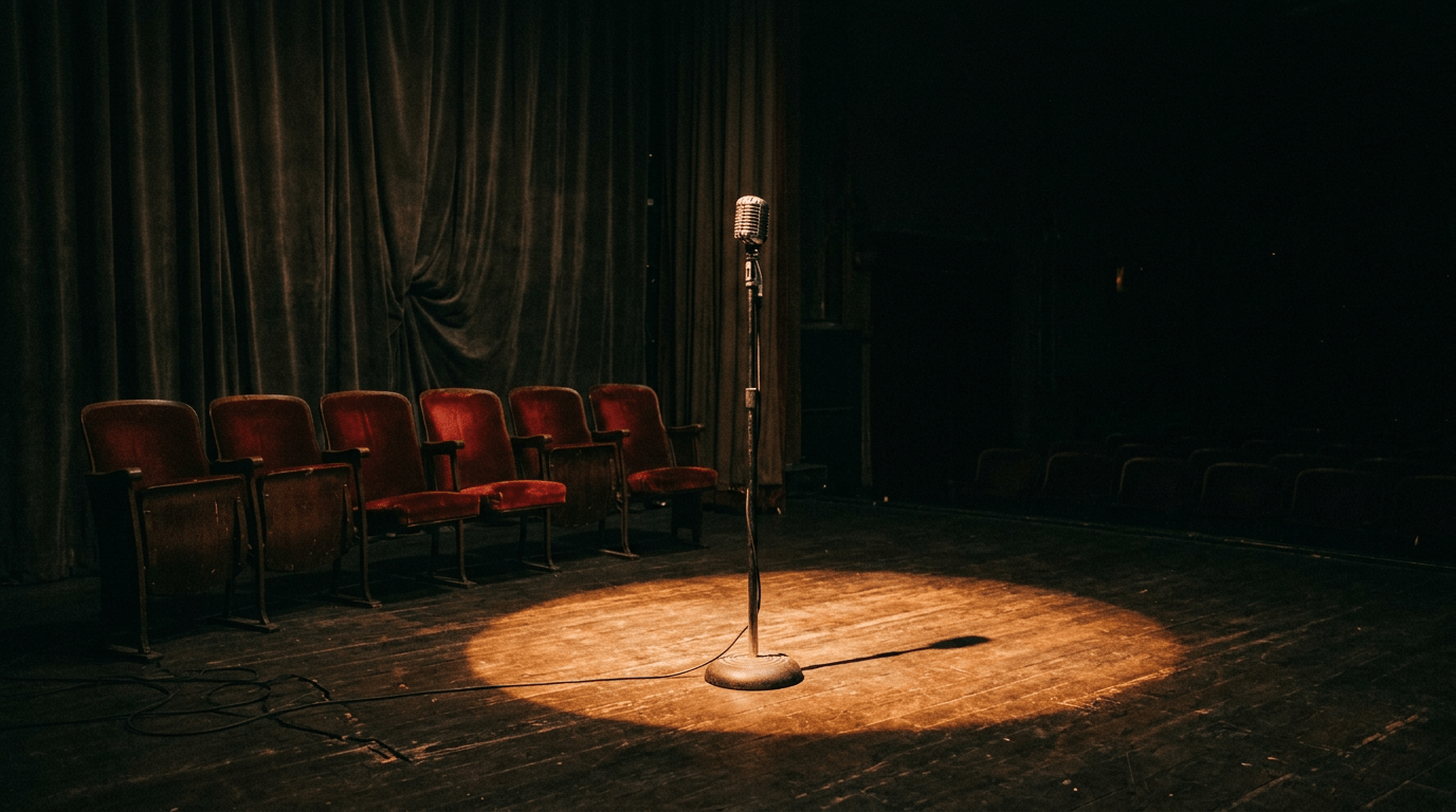 Vintage radio microphone spotlight empty chairs dark stage